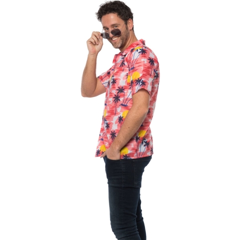 Tropical party Hawaii blouse heren - palmbomen - rood - carnaval/themafeest S/M -
