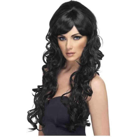 Zwarte hoge pruik met lange krullen -