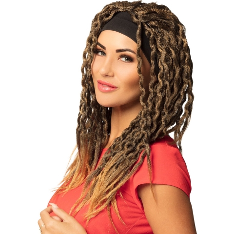 Verkleedpruik voor dames - bruin - Eighties/nineties/rasta - Carnaval - lang haar - met haarband -