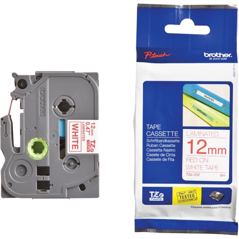 Brother TZe-232 Labeltape Kunststof Tapekleur: Wit Tekstkleur: Rood 12 mm 8 m
