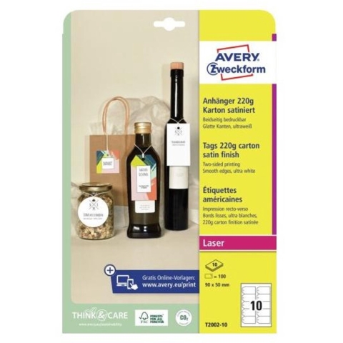 Avery-Zweckform T2002-10 Labels 90 x 50 mm Karton Ultra-wit 100 stuk(s) Niet hechtend Laser (kleur), Laser (zwart/wit)