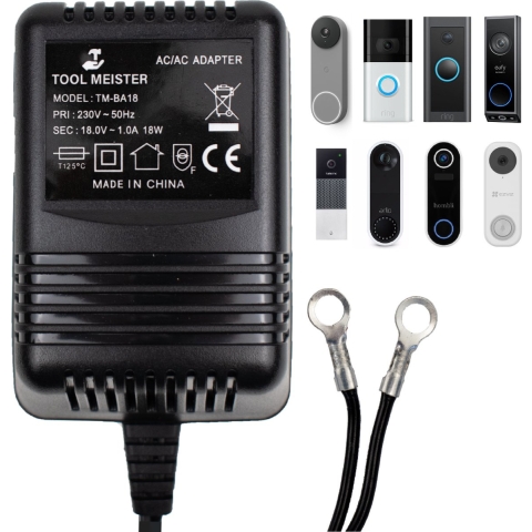 Tool Meister BA18 - Adapter voor Smart Deurbel - Universele Beltransformator - Beltrafo - Transformator - Op Maat voor Google Nest, Eufy, Ring, Zedar, TP-Link, Arlo, Ezviz, Blink, Netatmo, Hombli - 5 Meter Kabel - AC/AC -18V - 1A - 18VA (18W)