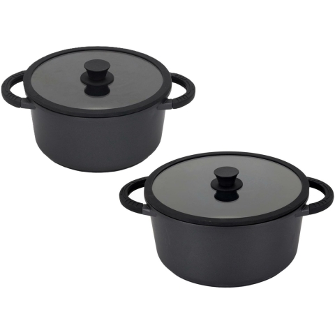 Braadpan/stoofpan - 2x - cast aluminium - 5 en 9 liter - 24 en 28 cm - antraciet - stoofpotten -