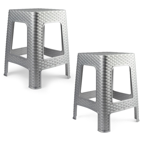 Zit krukjes - 2x - zilvergrijs - rotan kunststof - 37 x 37 x 46 cm - extra zitplaatsen -