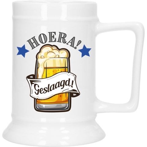 Geslaagd Cadeau Bierpul - blauw - hoera! geslaagd! - keramiek - 530 ml -