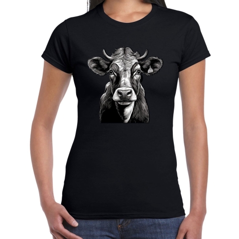 Cadeau T-shirt dames - boerderijdieren liefhebber - zwart - koe 2XL -