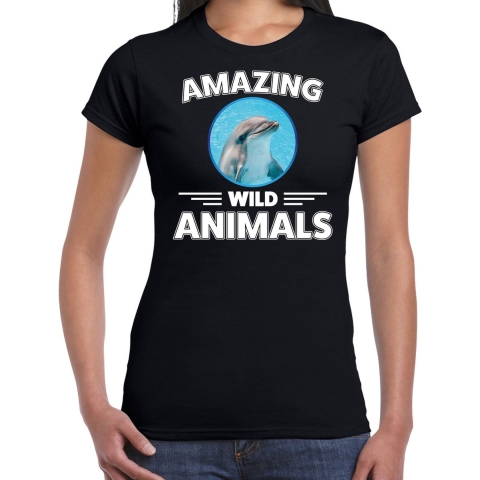 T-shirt dolfijnen amazing wild animals / dieren zwart voor dames XS -