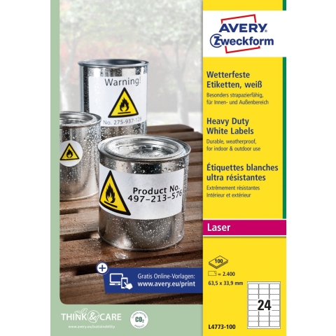 Avery-Zweckform L4773-100 Folie-etiketten 63.5 x 33.9 mm Polyester folie Wit 2400 stuk(s) Permanent hechtend Laser (kleur), Laser (zwart/wit), Kopiëren
