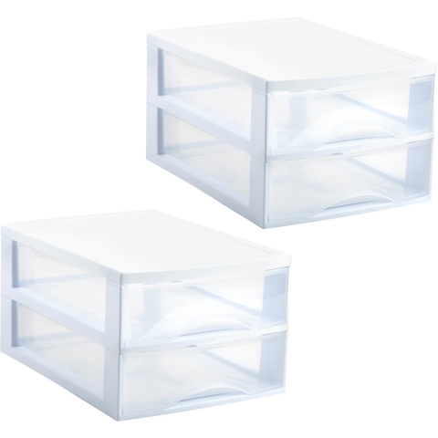 Ladekastje bureau organizer - 2x - 2 lades - wit/transparant - L26 x B35 x H19 cm - kunststof -