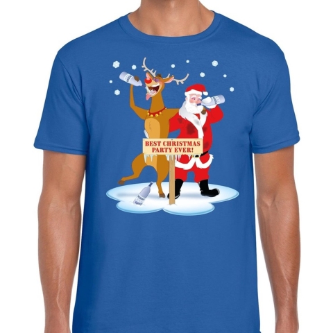 Foute Kerst t-shirt dronken kerstman en Rudolf blauw heren L -