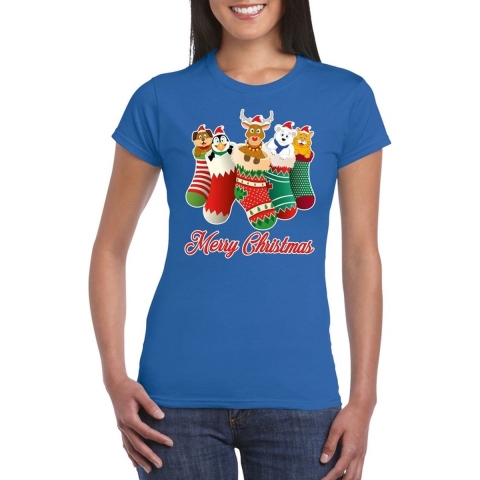 Foute Kerst t-shirt kerstsokken merry christmas blauw voor dames M -