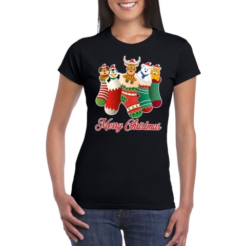 Foute Kerst t-shirt kerstsokken merry christmas zwart voor dames M -