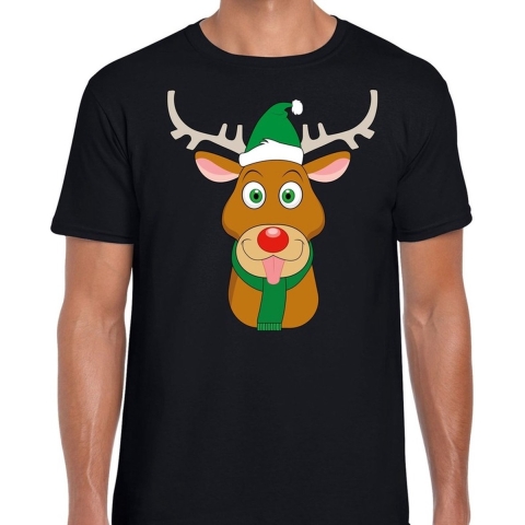 Foute Kerst t-shirt rendier Rudolf groene kerstmuts zwart heren L -