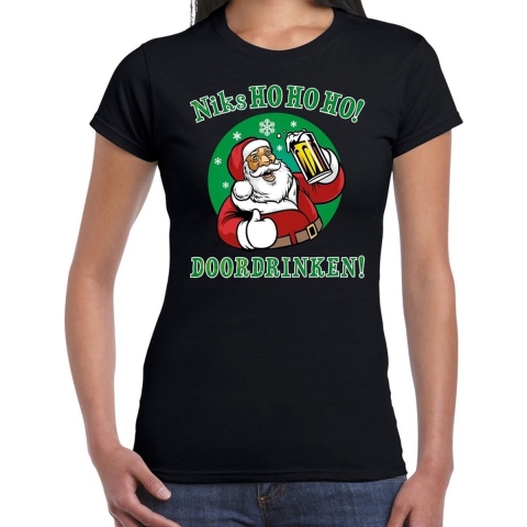 Fout kerst shirt bier drinkende Santa zwart voor dames L -