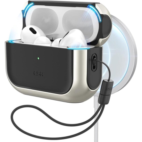 ESR Orbit Hybrid HaloLock Case Apple AirPods Pro (2. Generation 2023, 2. Generation 2022, 1. Generation 2019) Titaan MagSafe compatible, Met polsband,