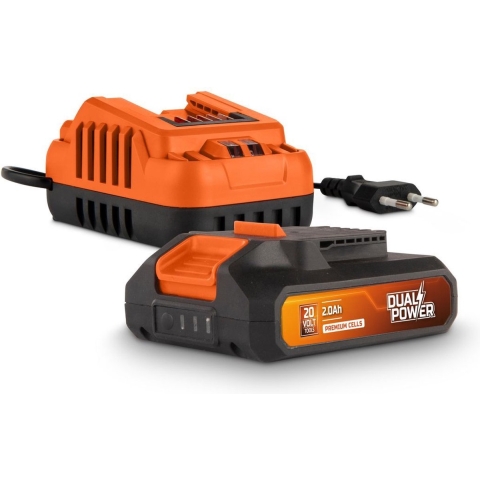 Dual Power batterij&lader set POWDP90620 - 20V, 2.0Ah batterij - voor 20V toestellen - 2A lader - voor 20V&2x20V accu's - batterijplatform
