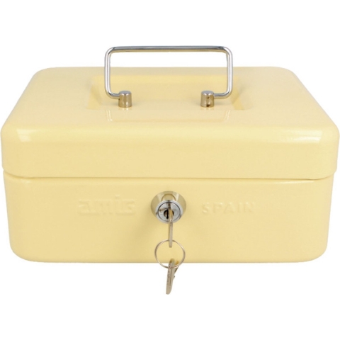 Geldkistje met 2 sleutels - beige - staal - muntbakje - 20 x 16 x 9 cm - inbraakbeveiliging -