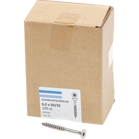 Hoenderdaal Spaanplaatschroef Rvs-A2 Pk Torx TX25 6.0X60/35 | 100 stuks - 0206.30.50001