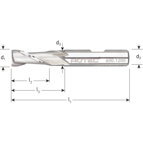 Rotec HSS-E Spiebaanfrees, ongecoat, ø2 - ø2x4x48xø6mm Z=2 / DIN 327-B / kort - 6000200