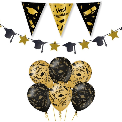 Geslaagd thema party versiering set You did it - Vlaggenlijn/slinger en 12x ballonnen -
