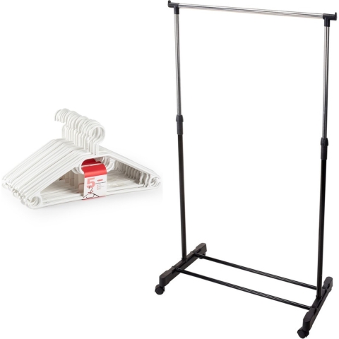 Mobiel kledingrek met kleding hangers - 10 kunststof hangers - wit/zwart -