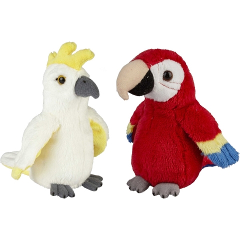 Tropische vogels pluche knuffels 2x stuks - Kaketoe en Papegaai van 15 cm -