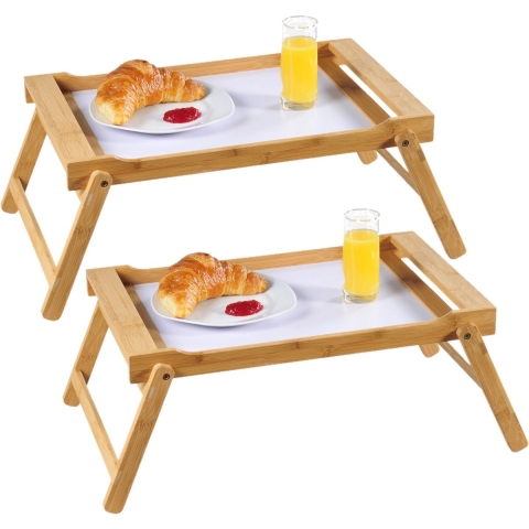 Kesper Bamboe houten dienblad - Set van 2x stuks - 33 x 55 cm - met inklapbare poten - Ontbijt op be -
