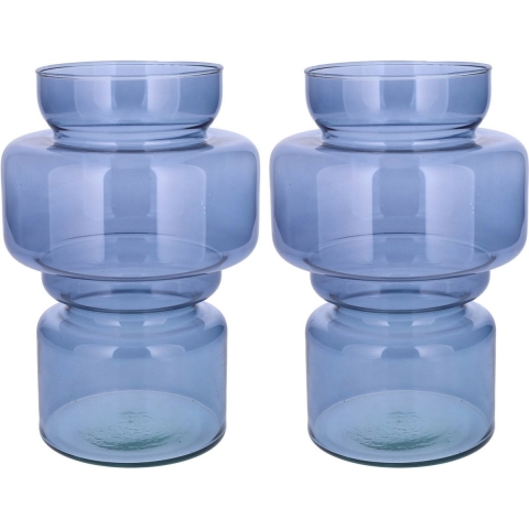 Bloemenvaas - 2x - blauw - transparant gerecycled glas - D17 x H25 cm -
