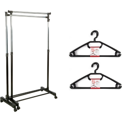 Kledingrek met kleding hangers - 2x enkele stang - kunststof/metaal - zwart - 162 x 42 x 168 cm -