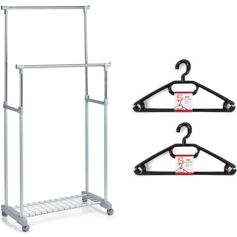 Kledingrek met kleding hangers - dubbele stang - kunststof/metaal - grijs - 83 x 43 x 107 -