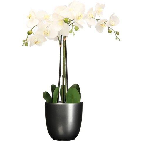 Orchidee kunstplant wit - 75 cm - inclusief bloempot titanium grijs glans -