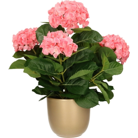 Hortensia kunstplant/kunstbloemen 45 cm - roze - in pot goud glans -