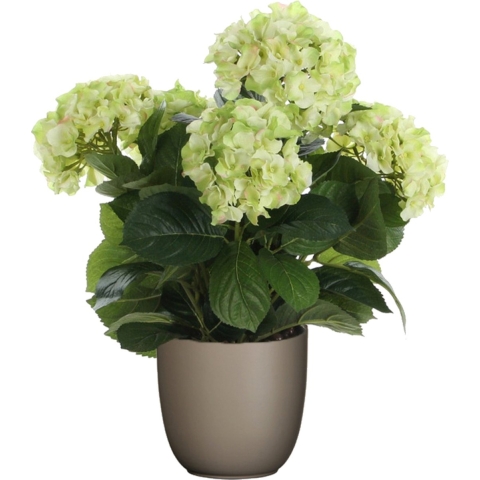 Hortensia kunstplant/kunstbloemen 45 cm - groen - in pot taupe mat -