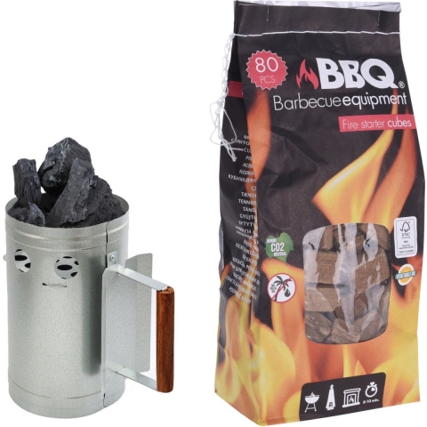 BBQ briketten/houtskool starter met houten handvat 27 cm met 80x BBQ aanmaakblokjes -
