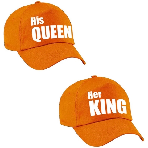 Her King / His Queen petten oranje met witte letters volwassenen -