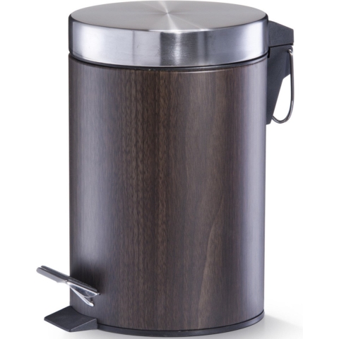 Zeller kleine pedaalemmer - badkamer/toilet - 3 liter - houtprint - donkerbruin/zilver - 17 x 26 cm -