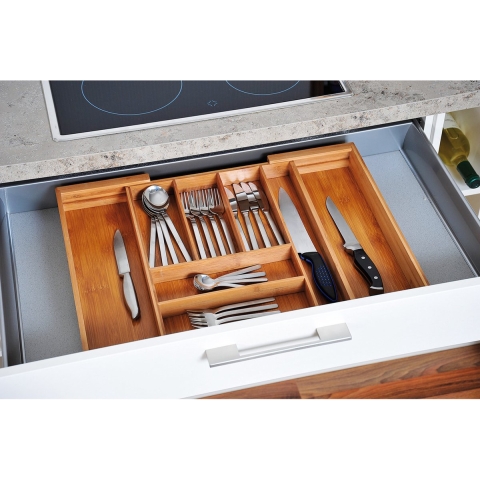 2x Bamboe houten uitschuifbare bestekbakken/inzetbakken 43 x 35-58 cm -