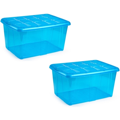 Plasticforte opslagbak organizers met deksel - 3x - transparant/blauw - 60 liter - kunststof -
