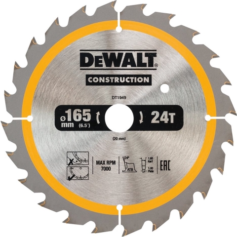 DeWALT Cirkelzaagblad voor Hout | Construction | Ø 165mm Asgat 20mm 24T - DT1949-QZ