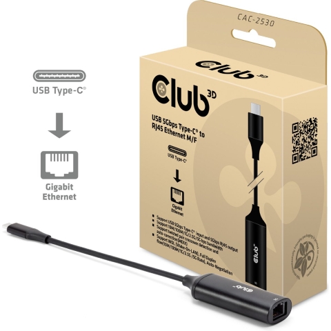 club3D CAC-2530 Adapter [1x USB-C 5Gbps - 1x RJ45-bus] Zwart 24.5 cm