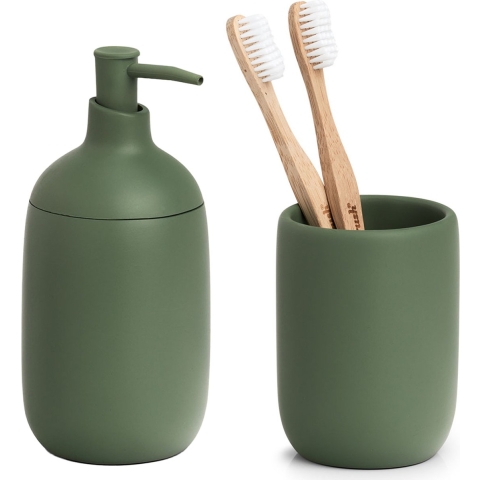 Badkamer accessoires set 2-delig - kunststeen - salie groen -