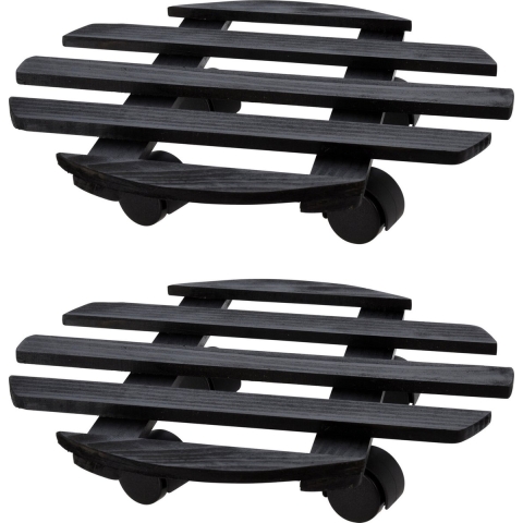 Plantentrolley - 2x - hout - donkergrijs - rond - D35 cm - 100 kilo -