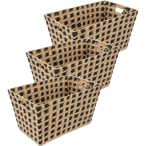 Rieten opbergmand - 3x - gevlochten rechthoek - beige/zwart - 55 x 35 x 30 cm -