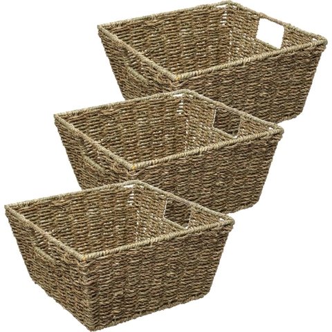 5Five Rieten opbergmand - 3x - gevlochten - beige/zwart - 31 x 31 x 15 cm - kastmanden -