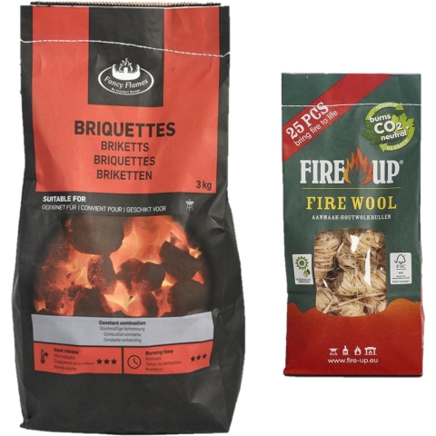 BBQ starterspakket - houtskool briketten 3 kilo - barbecue aanmaak houtwolkrullen 25x -