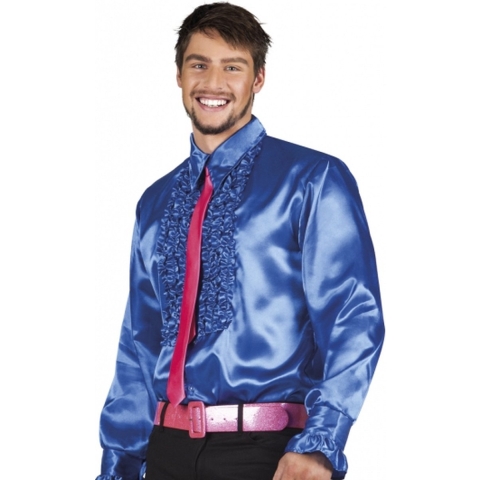 Carnaval verkleedkleding shirt met rouches - blauw - heren - blouse - polyester - Disco time 2XL -