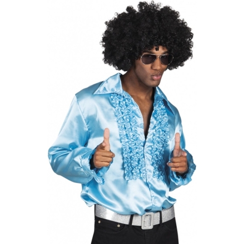 Carnaval verkleedkleding shirt met rouches - turquoise - heren - blouse - polyester - Disco time L -