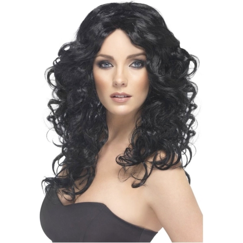 Glamour verkleed pruik - zwarte krullen - damespruik - krullend haar - verkleedpruik -