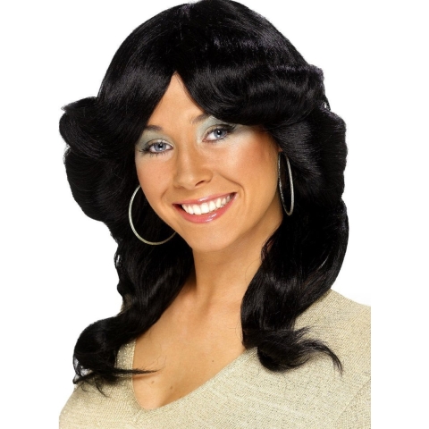 Carnaval verkleed pruik voor dames - zwart - Seventies stijl - lang haar - golvend -