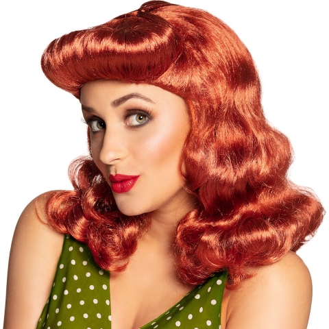 Verkleedpruik dames - rood - Fifties/fourties/twenties - Carnaval - half lang golvend haar -